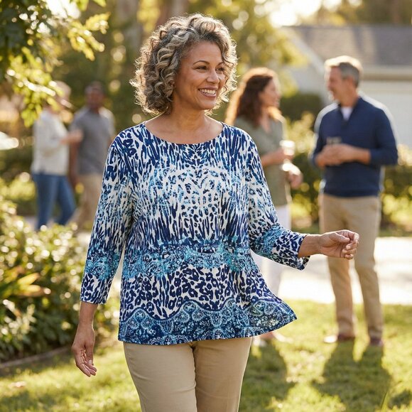 Chico's Tops - Chico's 3 XL Blue White Leopard Animal Print Flowy Boho Resort Y2K Blouse Top